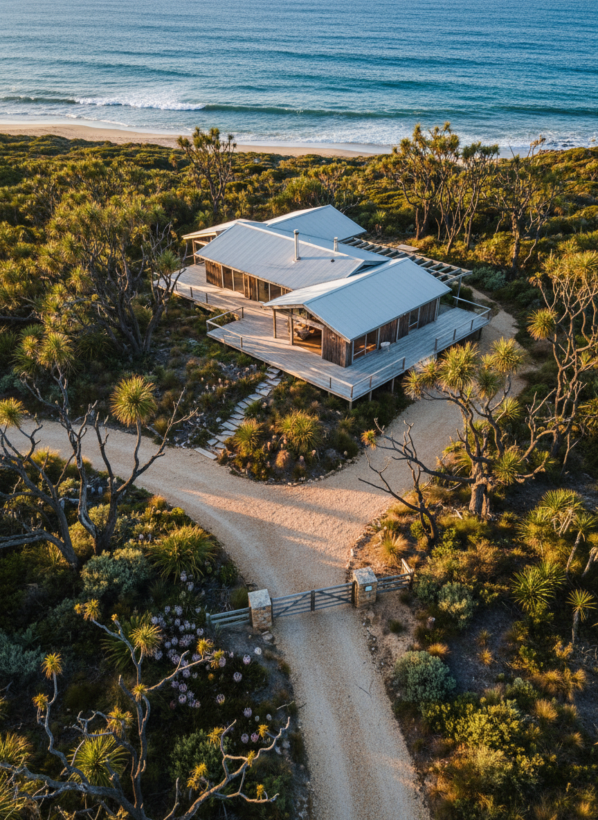 A bird’s-eye aerial photographic view of a private gated beachside estate near the coast, focusing on a single sophisticated coastal home nestled among native bushland. The house’s crisp rooflines and extensive covered decks are oriented to the north-east, visibly opening toward filtered ocean views while remaining screened by dense clusters of ancient grass trees. A discreet driveway winds through natural landscaping to a simple gate, reinforcing exclusivity and privacy. The soft, late-afternoon sun creates gentle highlights on the roof and decks while casting long, organic shadows from the grass trees across the sandy soil. The mood is secluded, tranquil, and refined, with clear, high-resolution photographic realism ideal for real estate showcase imagery.