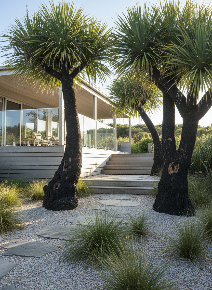 A tranquil, secluded garden view within a private beachside estate, focused on a naturalistic cluster of ancient grass trees surrounding a modern coastal home. The camera is placed low among the smooth gravel and native grasses, looking up toward the house’s elevated, covered decks. The grass trees’ charred black trunks and exploding green crowns create dramatic silhouettes against the pale cladding and glass balustrades of the residence. Gentle north-east morning light filters through the foliage, creating dappled patterns on stone pathways and timber steps leading to the deck. The atmosphere is serene and meditative, with photographic realism that highlights texture, form, and the sense of sanctuary.