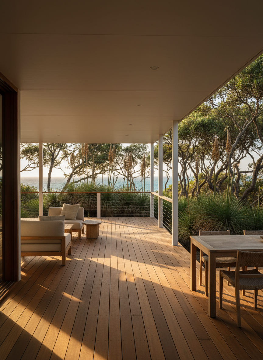 An expansive covered deck of a north-east facing coastal sanctuary, shot from eye level looking outward toward filtered ocean glimpses through native trees. The deck is finished in warm-toned hardwood, with a wide roof overhang and slim white support posts, creating deep shade that opens to sunlit edges. Elegant, low-profile outdoor lounges and a simple timber dining table suggest relaxed entertaining without clutter. Beyond the balustrade, mature landscaping with 28 ancient grass trees creates a sculptural green barrier, reinforcing the private, gated estate feeling. Soft golden-hour light washes across the deck boards, catching subtle textures and creating a serene, sophisticated mood in clean photographic realism.