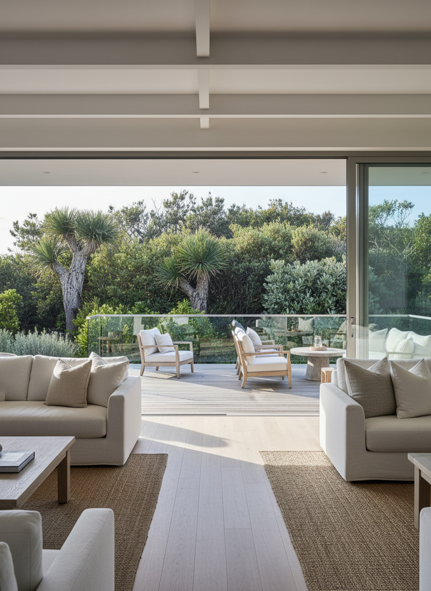 A sophisticated interior–exterior transition of a coastal home, framed from inside the living area looking out through wide stacking glass doors onto a generous covered deck. The interior features pale timber flooring and neutral finishes, while the deck outside extends seamlessly, oriented to capture soft north-east light. Beyond the railing, a curated landscape of ancient grass trees and native shrubs forms a lush, private green wall. Early daylight floods the scene, bright yet gentle, creating subtle reflections on the glass and a calm, open atmosphere. The composition uses the rule of thirds, with sharp focus throughout, emphasizing the home’s indoor-outdoor flow and quiet beachside luxury in photographic realism.